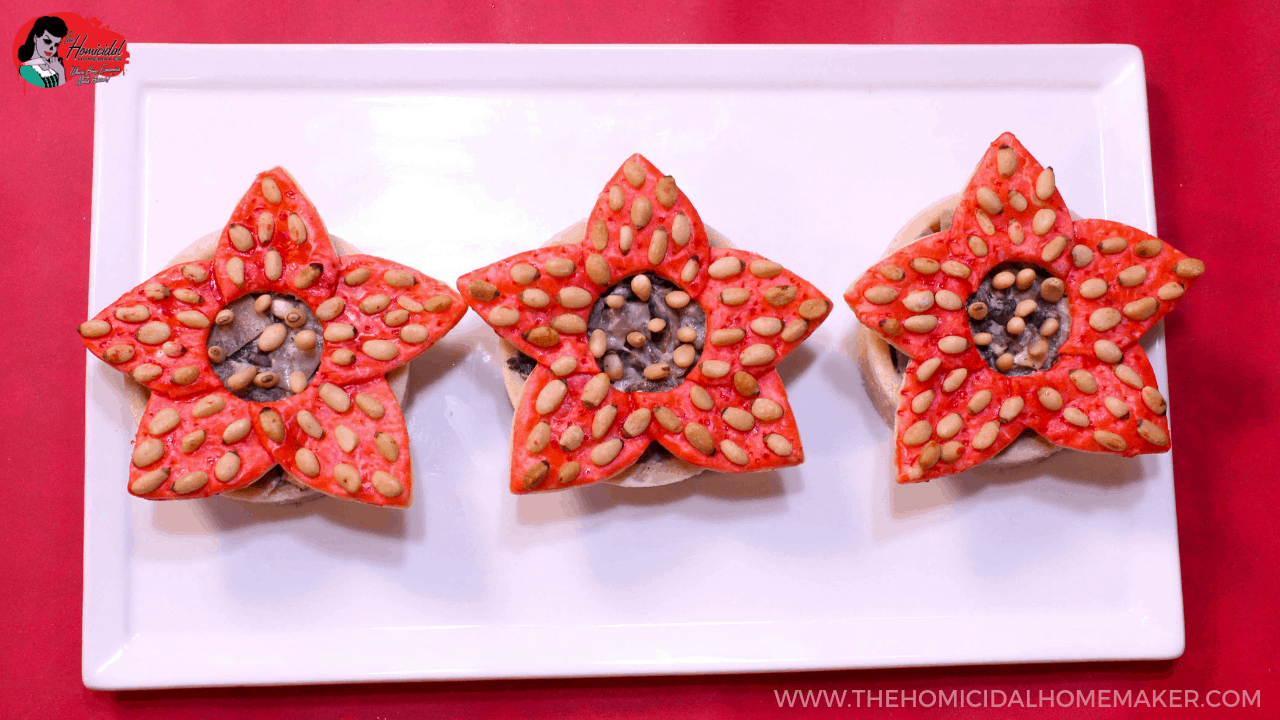 The Homicidal Homemaker's Demogorgonzola Tartlets, inspired by Stranger Things.