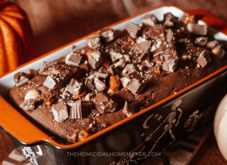 Moist Pumpkin Bread with leftover Halloween candy baked on top