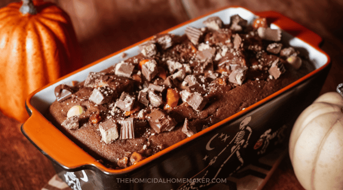 Moist Pumpkin Bread with leftover Halloween candy baked on top